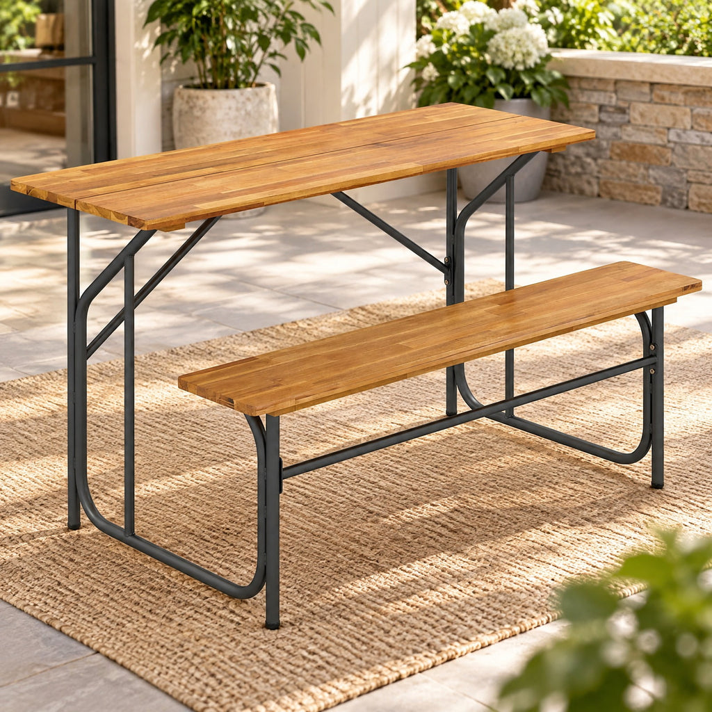 Airfind Acacia Wood Patio Table Bench for 2 People One, 180 lbs Capacity, Acacia Wood Metal Frame, 52 x 32 x 29.5 Footprint, Wood