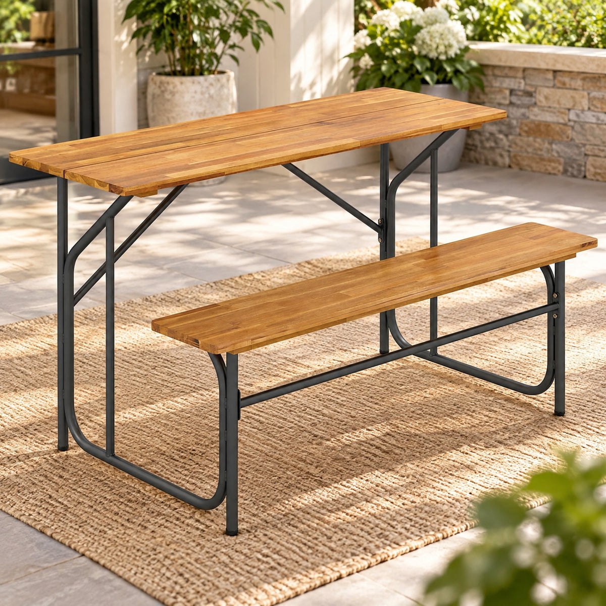 Airfind Acacia Wood Patio Table Bench for 2 People One, 180 lbs Capacity, Acacia Wood Metal Frame, 52 x 32 x 29.5 Footprint, Wood