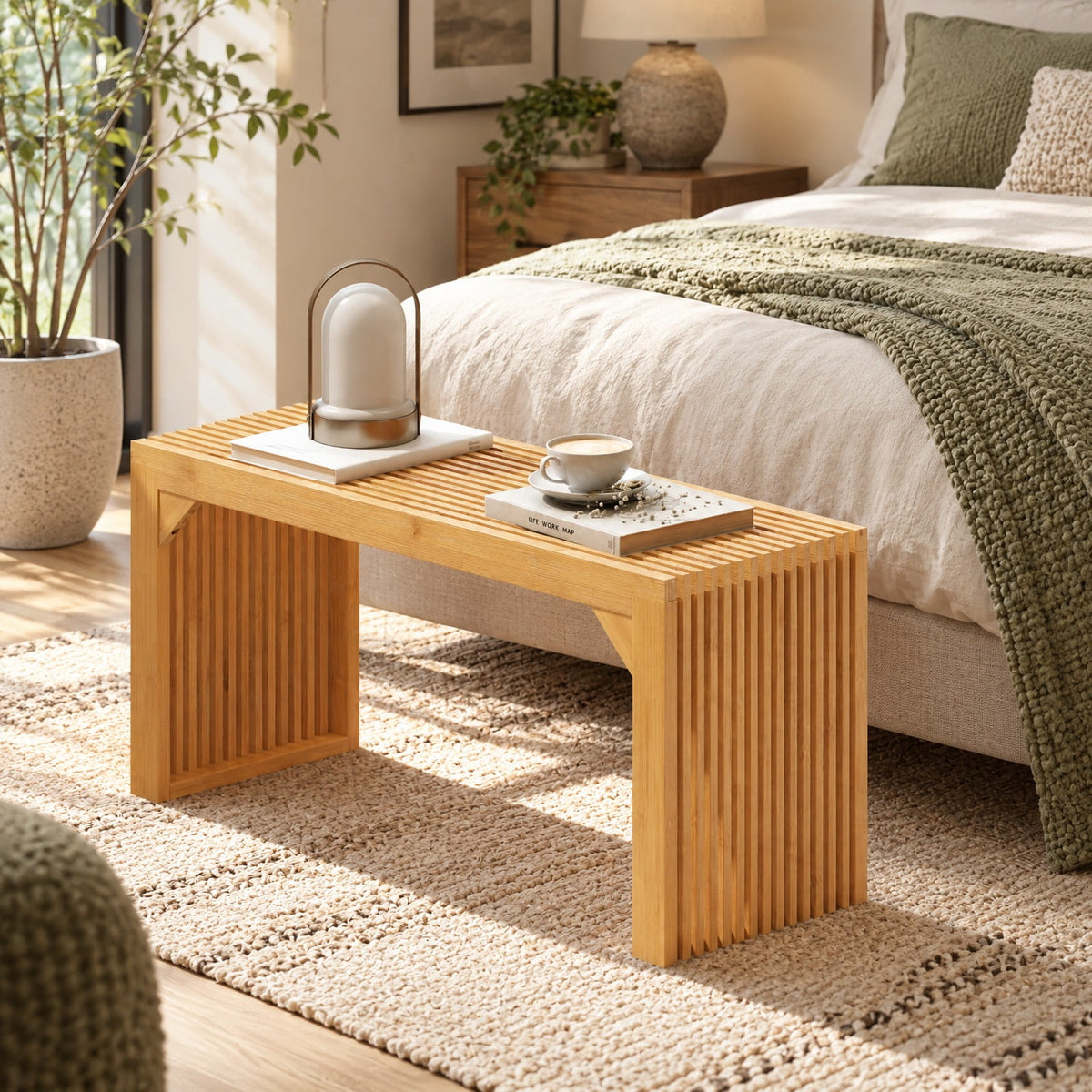 Airfind Bamboo Dining Bench Long Entryway Bench Indoor Outdoor Solid Wood Bench, 660 LBS Capacity, Bamboo Frame, 36 x 13 x 17 Footprint, Natural