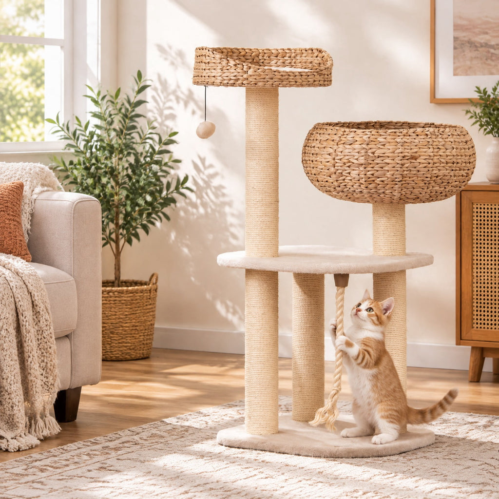 Airfind 41 Inch Rattan Cat Tree with Napping Perch, Water hyacinth straw sisal rope particle board Frame, White