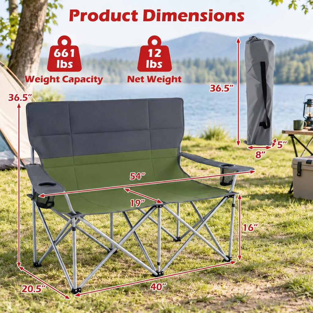 Airfind Double Camping Chair with Carry Bag Cup Holders, 660 lbs Capacity, Metal Oxford Fabric Sponge, 40 Inch x 20.5 Inch x 36.5 Inch , Green