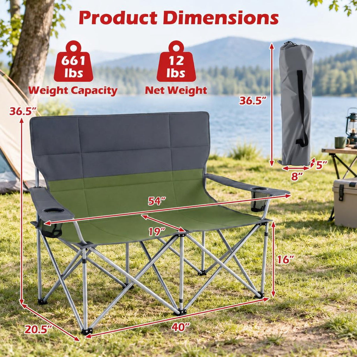 Airfind Double Camping Chair with Carry Bag Cup Holders, 660 lbs Capacity, Metal Oxford Fabric Sponge, 40 Inch x 20.5 Inch x 36.5 Inch , Green