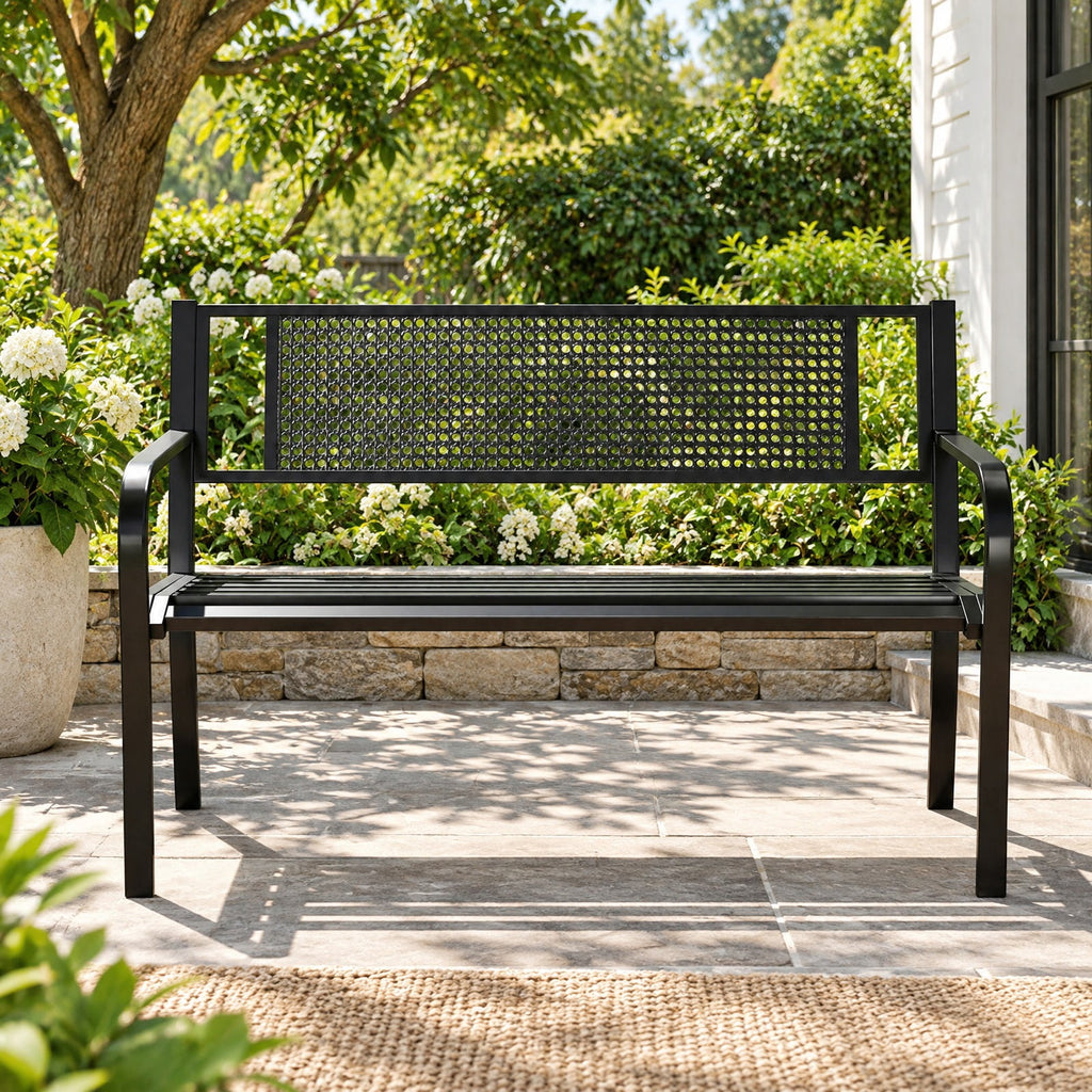 Airfind 50 Inches Garden Bench with Patterned Backrest and Curved Armrests, 660 lbs Capacity, Metal Frame, 50 × 23 × 32 Footprint, Black