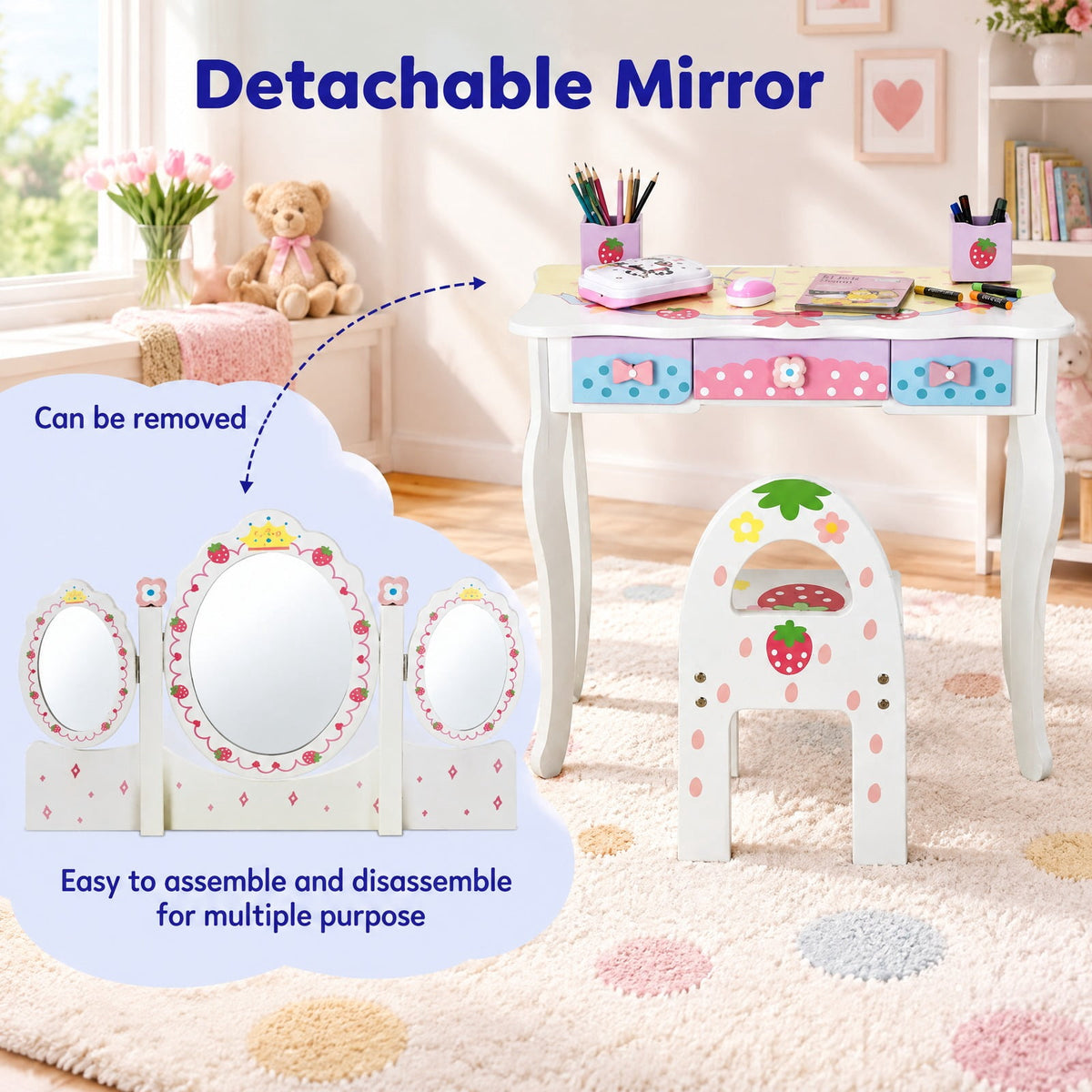 Airfind Kids Vanity Princess Makeup Dressing Table Chair Set with Tri-fold Mirror, 44 lbs Capacity, MDF Frame, White