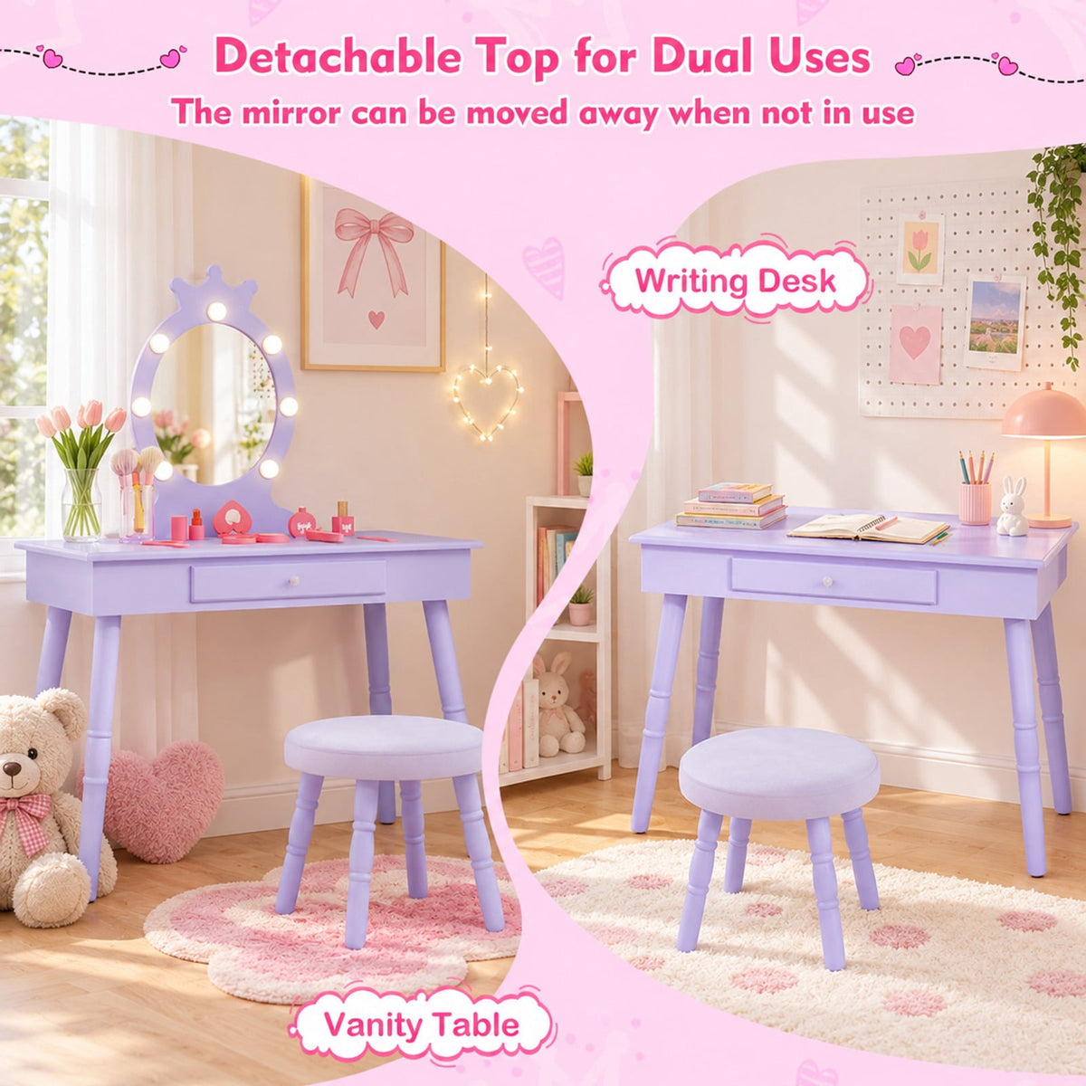 Airfind Kids Vanity Set with Lighted Mirror with Adjustable Brightness and Large Drawer, 110 lbs Capacity, MDF Frame, for 3-7 Years Old, Purple