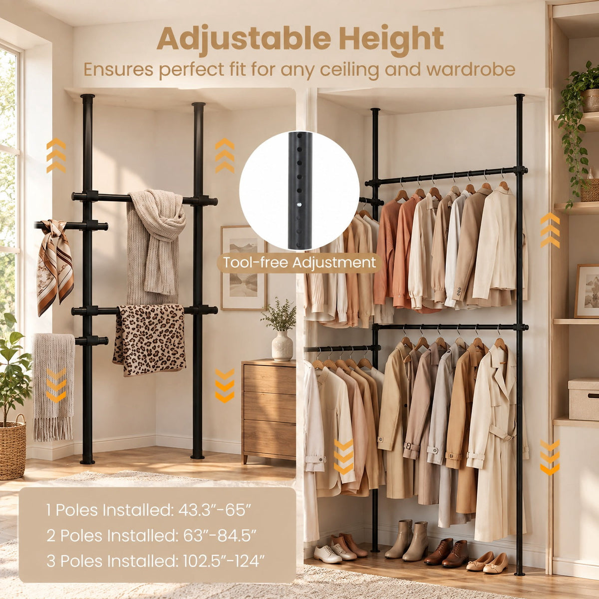 Airfind Adjustable Floor to Ceiling Clothes Rack with 6 Hanging Rods, Metal ABS Overall Frame, Black