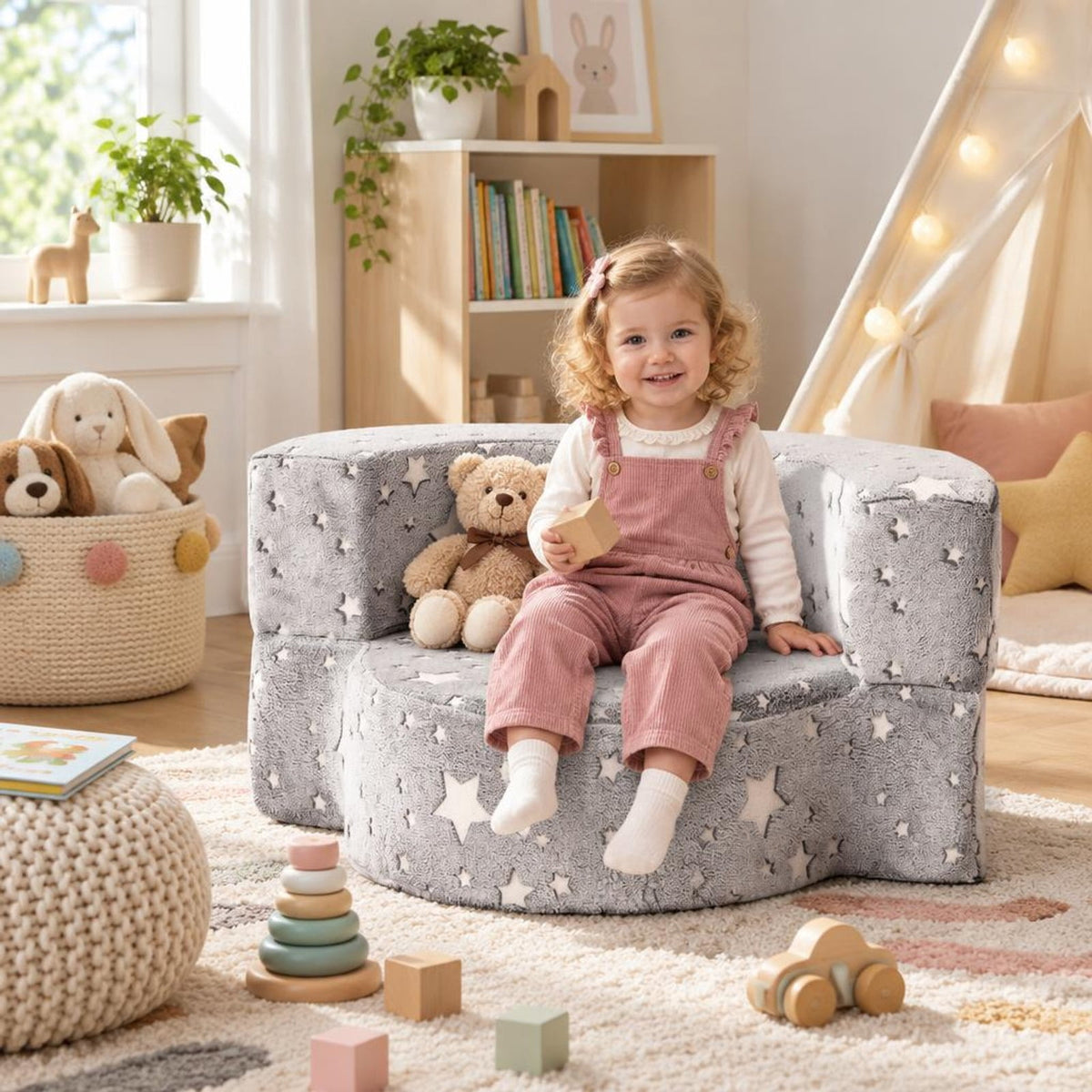 Airfind 2-in-1 Toddler Chair Glow in the Dark Kids Couch with Cover Convertible Sofa, Flannel Fabric Foam Frame, for 3+ Years Old, Gray