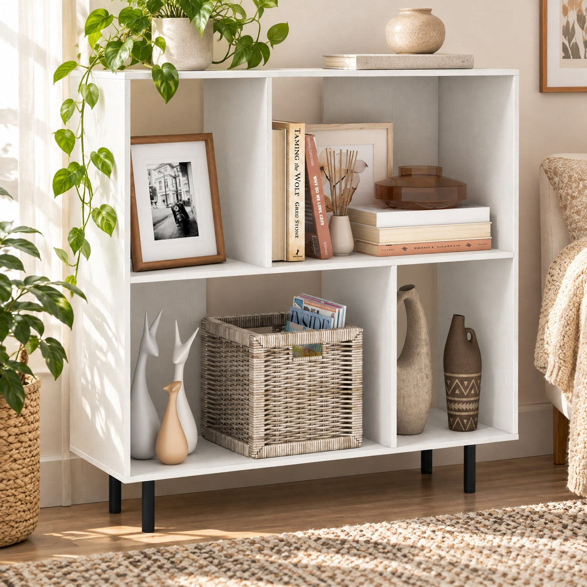 Airfind Open Shelf Bookcase with 4 Compartments, White, 4-cube bookcase provides ample storage space, Assembly is required before use