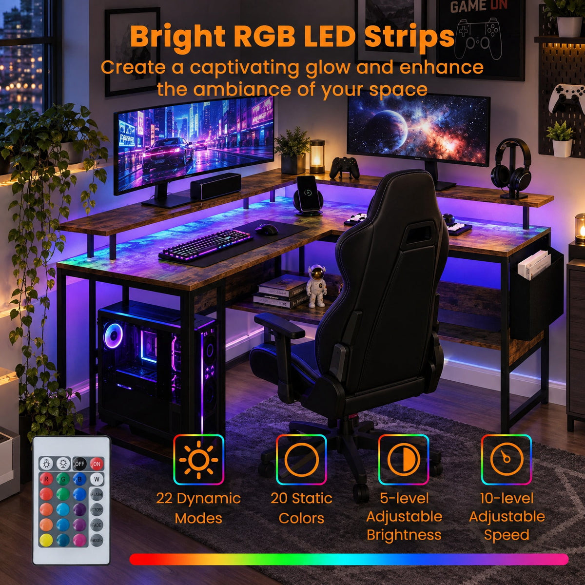 Airfind L-Shaped Gaming Desk with LED Lights and Power Outlets Home Office Computer Desk, 200 lbs Capacity, Engineered Wood Metal Frame, Brown