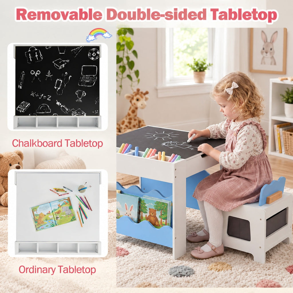 Airfind Multi-purpose Activity Kids Table and Chairs Set with Double-sided Tabletop, 55 lbs Capacity, MDF Frame, 26 Inch x 25 Inch x 19 Inch Footprint, Blue