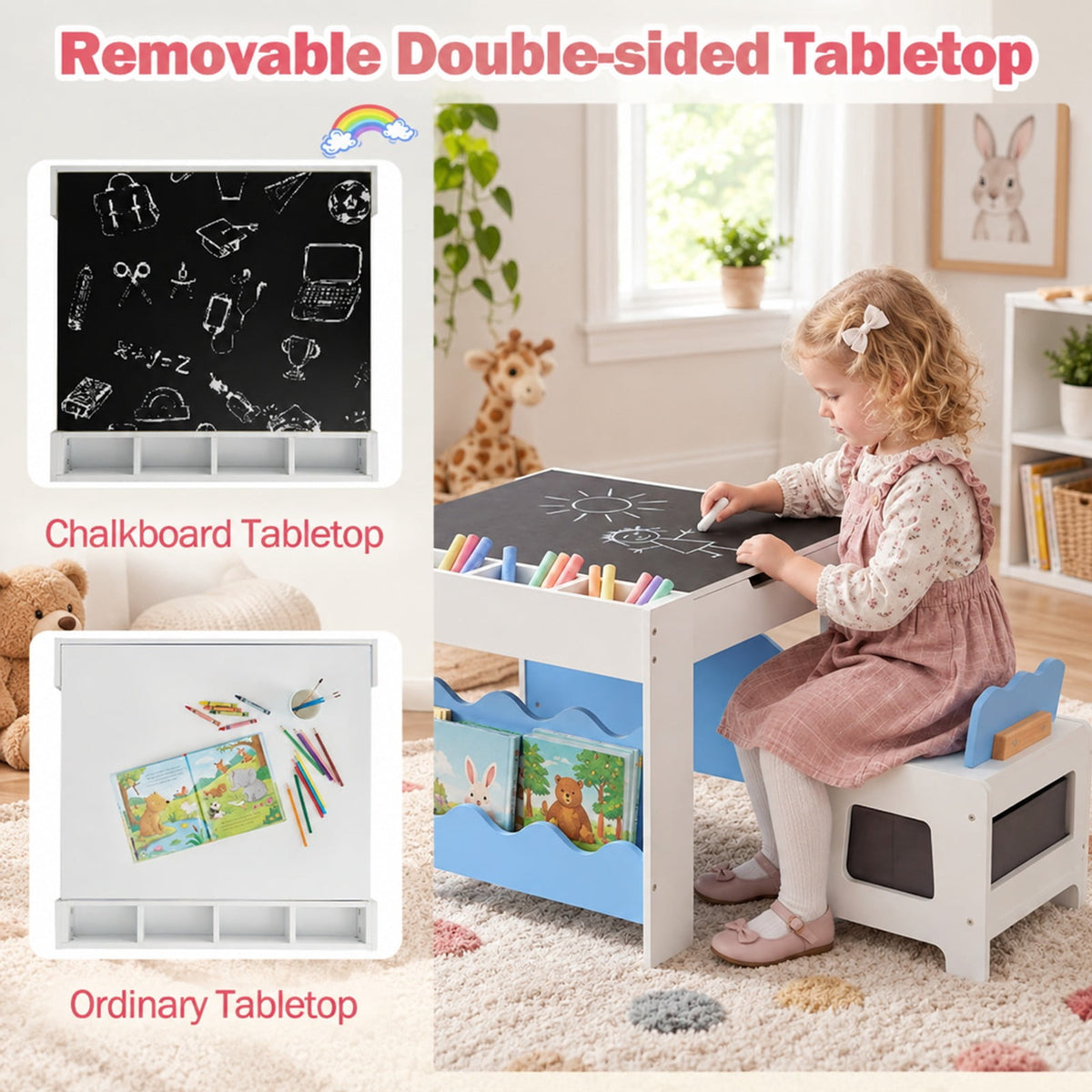 Airfind Multi-purpose Activity Kids Table and Chairs Set with Double-sided Tabletop, 55 lbs Capacity, MDF Frame, 26 Inch x 25 Inch x 19 Inch Footprint, Blue