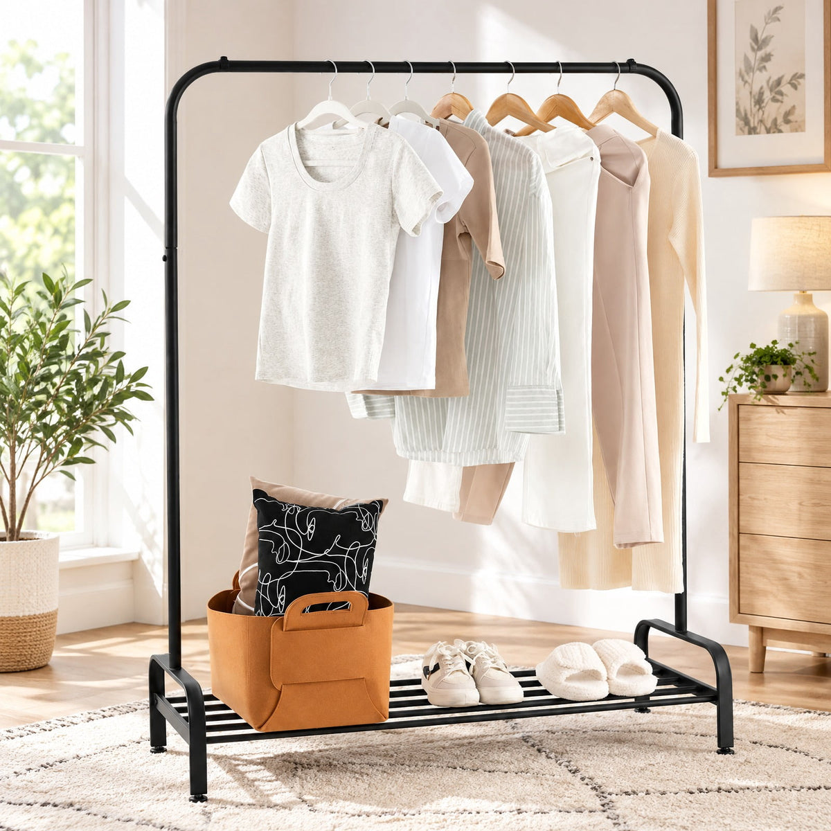 Airfind Heavy Duty Clothes Stand Rack with Top Rod and Lower Storage Shelf, 44 Lbs Capacity, Metal, 44 Inch X 16.5 Inch X 57 Inch, Black