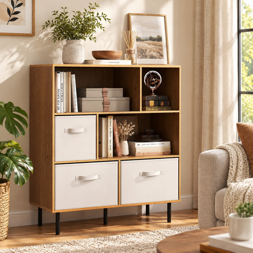 Airfind 6-Cube Bookshelf with 3 Removable Folding Fabric Drawers for Living Room, 330 lbs Capacity, Metal Engineered Wood Frame, Natural