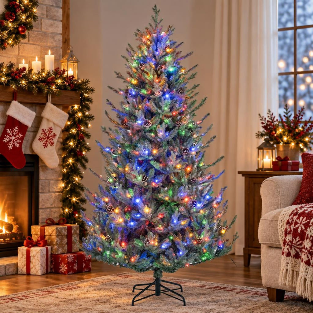 Airfind Pre-Lit Artificial Christmas Tree with Multicolored LED Lights, PE PVC Metal Frame, Size S 3.4 x 6 ft Footprint, Green