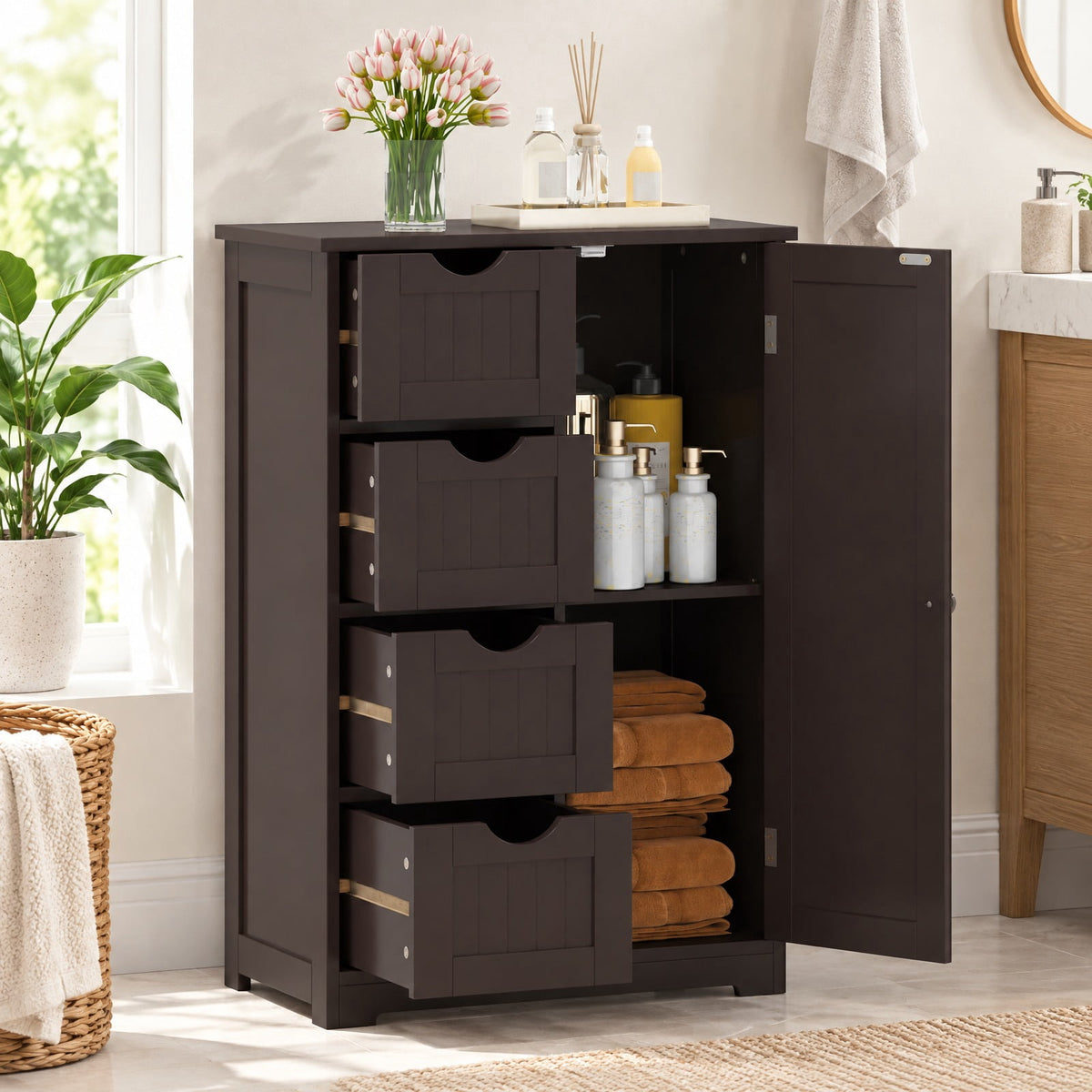 Airfind Standing Indoor Wooden Cabinet with 4 Drawers, 143 lbs Capacity, MDF Engineered Wood Frame, 21.5 Inch x 12 Inch x 32.5 Inch Footprint, Brown