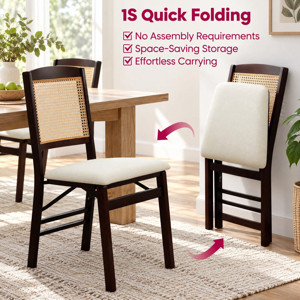 Airfind Folding Dining Chairs Set of 4 Rubber Wood Chairs with Linen Padded Seat, 400 Lbs Capacity, Rubber Wood PE Rattan Linen Fabric Sponge, Coffee