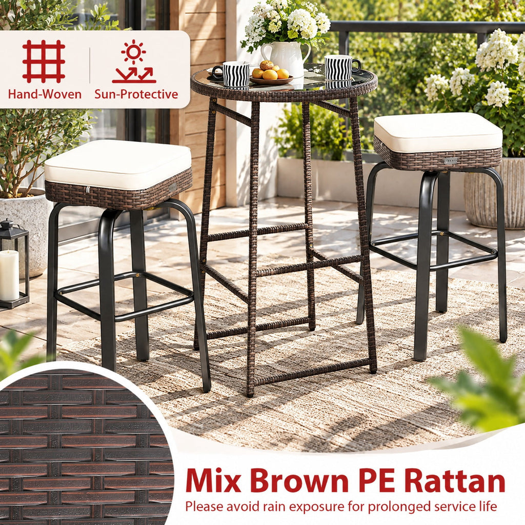 Airfind 3 Pieces Outdoor Swivel Bar Set PE Rattan Bar Height Table with 2 Chairs, PE Rattan Metal Tempered Glass Polyester Sponge Frame, White