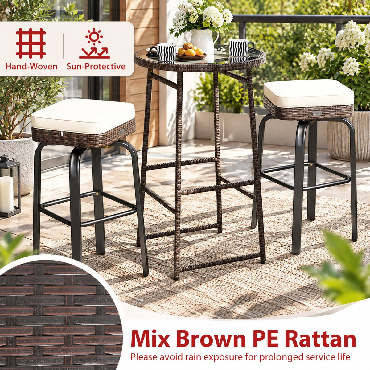 Airfind 3 Pieces Outdoor Swivel Bar Set PE Rattan Bar Height Table with 2 Chairs, PE Rattan Metal Tempered Glass Polyester Sponge Frame, White