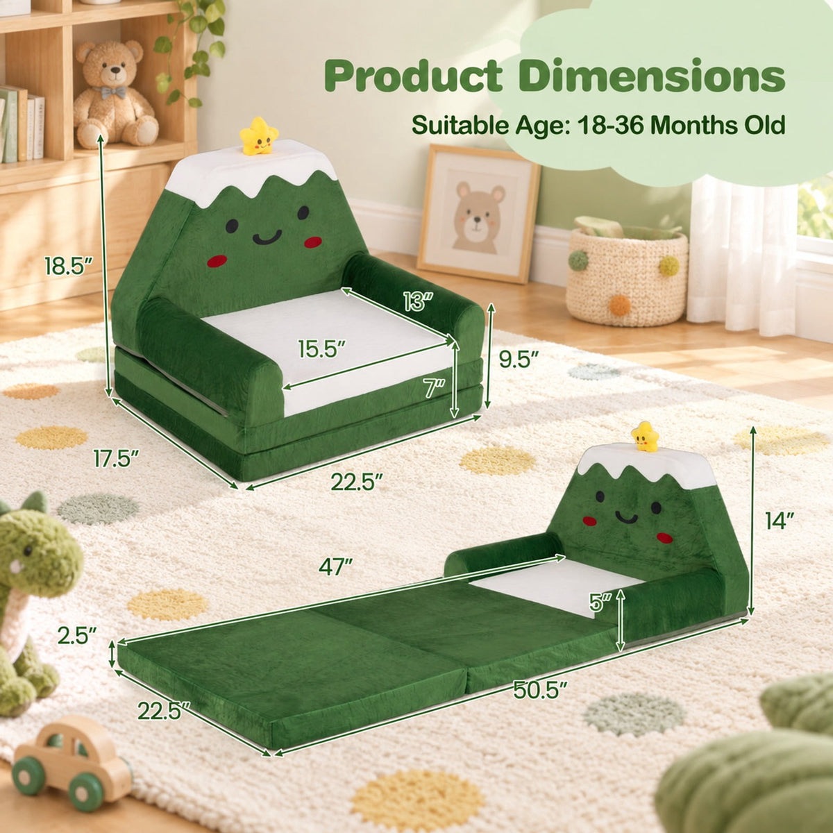 Airfind 2-in-1 Convertible Kids Sofa to Lounger with Christmas Patterns, Ultra-soft Fabric Sponge Frame, for 18-36 Months Old, Green