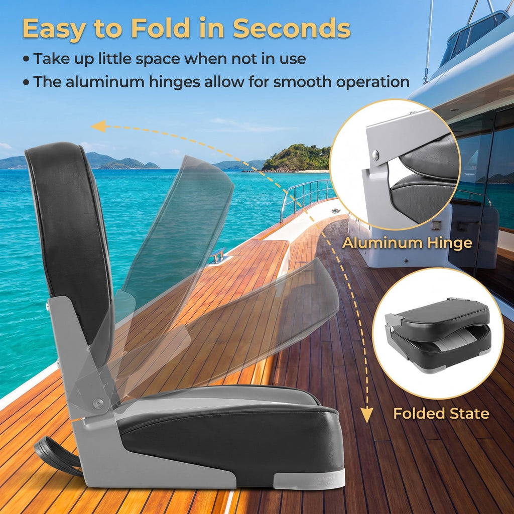 Airfind Folding Low Back Boat Seats 2 Pack with Thick Sponge Cushion and Aluminum Hinges for Cabin Seating and Fishing Boats, Gray and Black