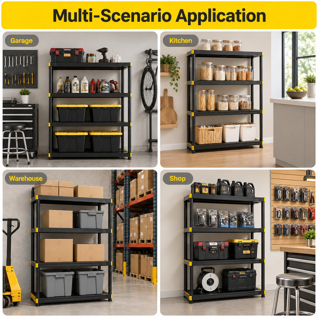 Airfind 4-Tier Plastic Storage Shelf Heavy-Duty Utility Rack Freestanding Storage Rack, PP Frame, 47.5in x 17.5in x 55.5in Footprint, Black