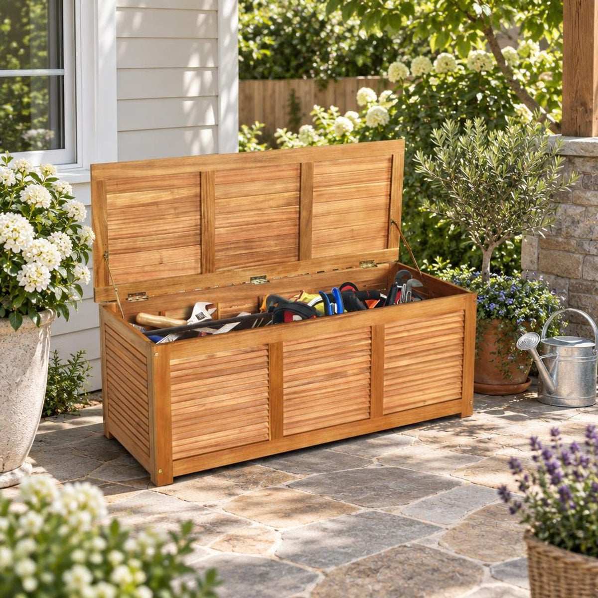 Airfind 46 Gallon Acacia Wood Storage Bench Box for Patio Garden Deck, 355 lbs Capacity, Acacia Wood Frame, 45 Inch x 18 Inch x 18 Inch Footprint, Wood