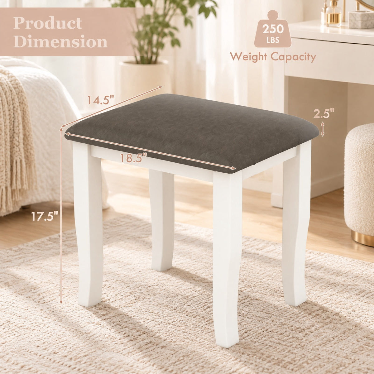 Airfind Faux Leather Vanity Stool Chair Set of 2 for Makeup Room and Living Room, 18.5in x 14.5in x 17.5inSeat Cushion Footprint, Gray