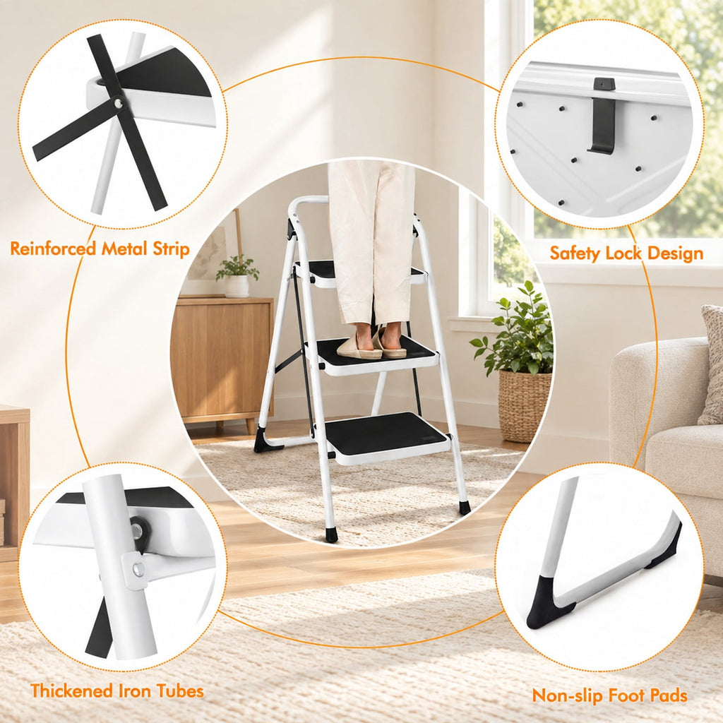 Airfind Folding 3-Step Ladder with Handgrip and Anti, 330 lbs Capacity, Iron Frame, 19.5 Inch x 26 Inch x 36.5 Inch Footprint, Black white