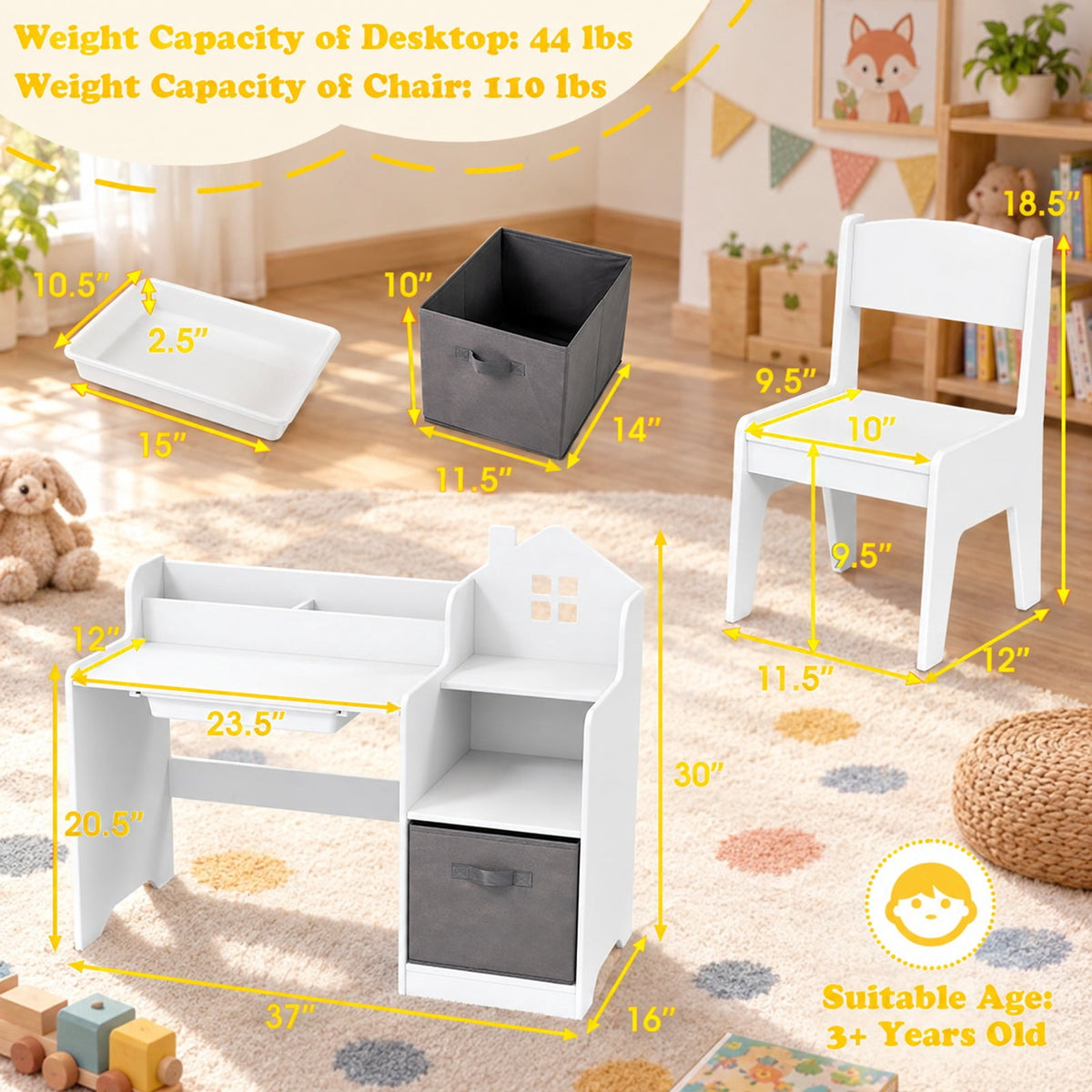 Airfind Kids Study Desk and Chair Set with Open Shelves Drawer and Fabric Storage Bin, 44 lbs Capacity, MDF Non-woven Fabric Desk Frame, White
