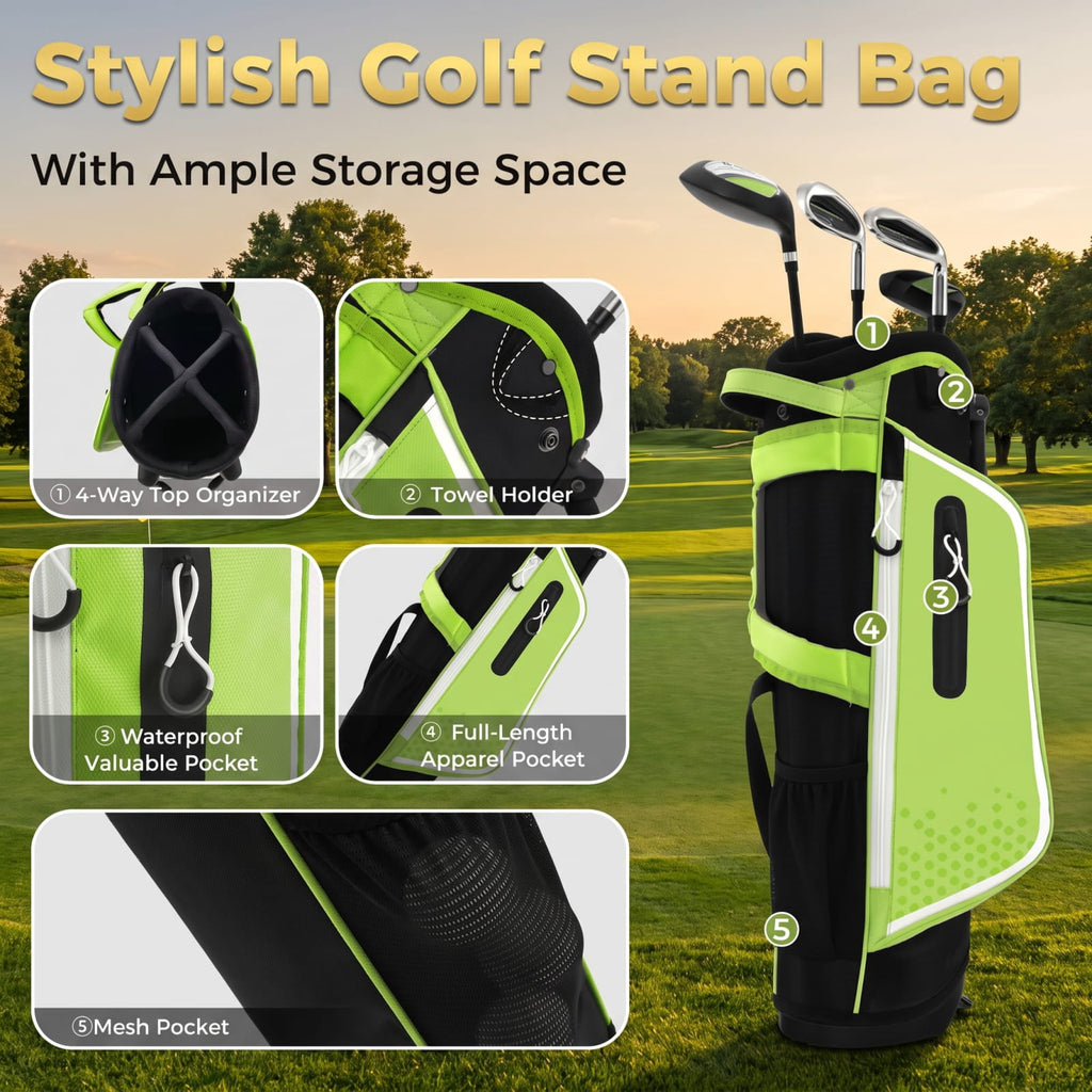 Airfind Junior Complete Golf Club Set Right Hand with Stand Bag Rain Hood and 4 Clubs for Kids Ages 5 to 7 Beginners, Green
