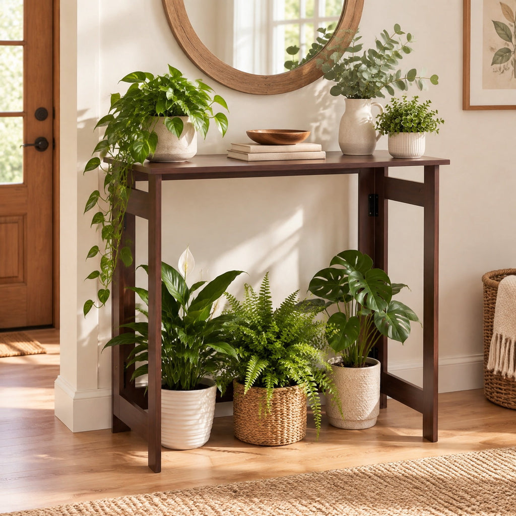 Airfind Folding Console Table with Foldable Legs, 55 lbs Capacity, Engineered Wood Frame, 31.5 Inch x 16 Inch x 29.5 Inch Footprint, Brown