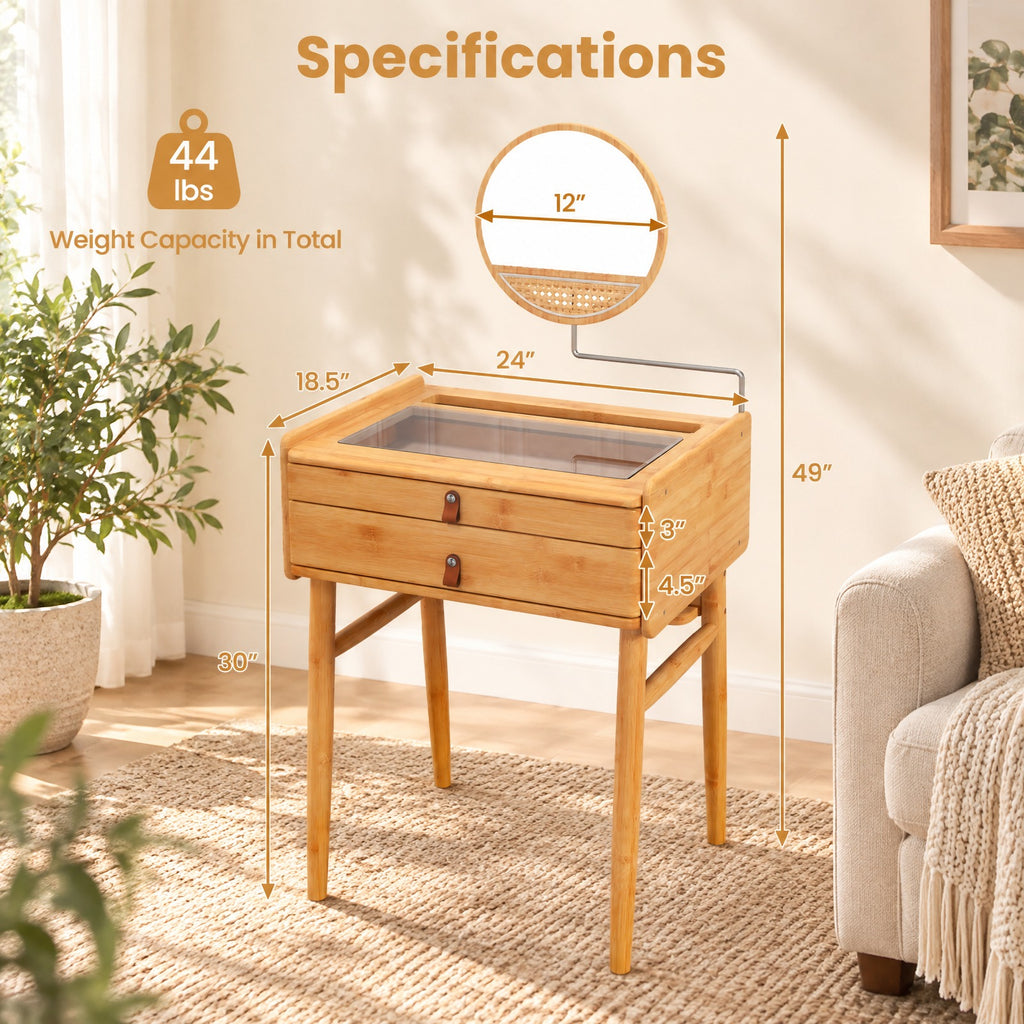 Airfind Bamboo Makeup Vanity Table with Mirror with 2 Storage Drawers, 22 lbs Capacity, Bamboo Glass Stainless Steel Frame, Natural