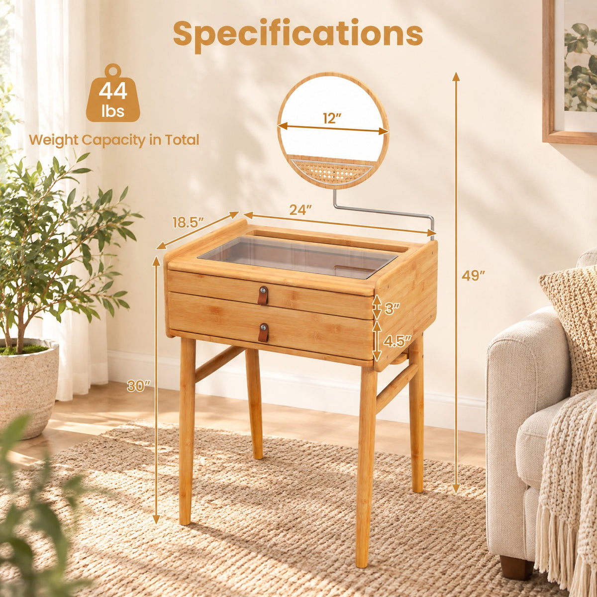 Airfind Bamboo Makeup Vanity Table with Mirror with 2 Storage Drawers, 22 lbs Capacity, Bamboo Glass Stainless Steel Frame, Natural