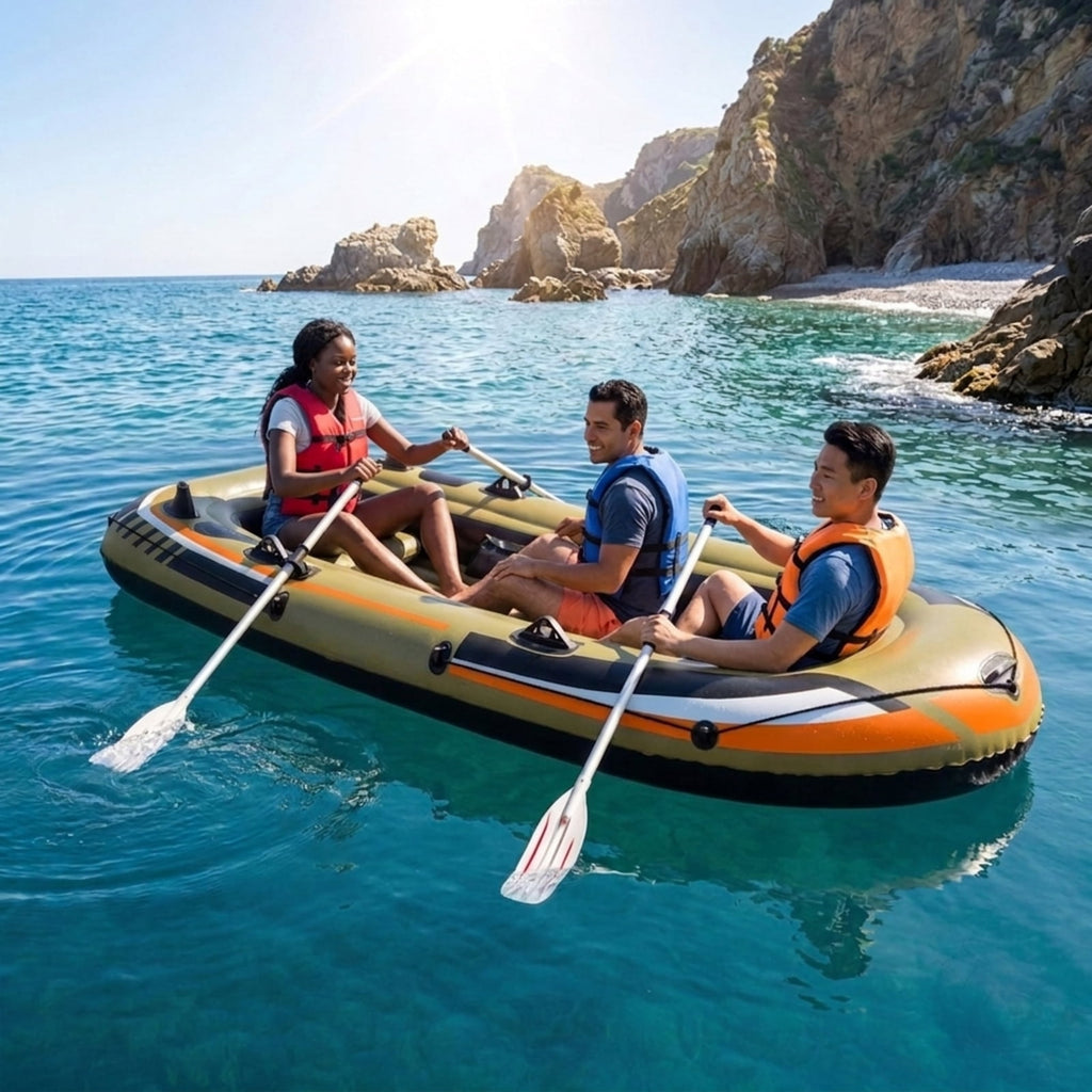 Airfind Heavy Duty Inflatable Fishing Boat 4 Person Raft Set with Aluminum Oars and Rod Holders for Fishing Drifting and Water Adventures, Green