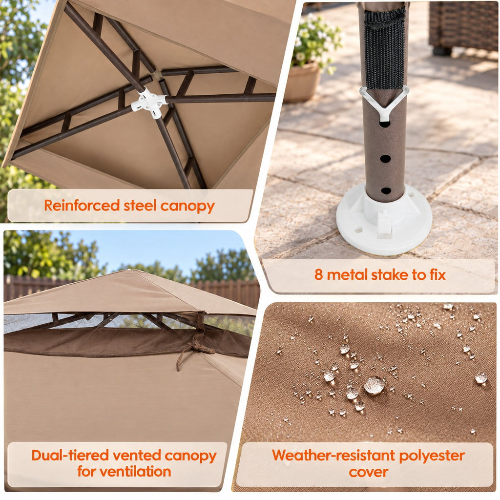 Airfind Canopy and Garden Structures Gazebo with Netting for Outdoors, Steel and polyester fabric Frame, Brown