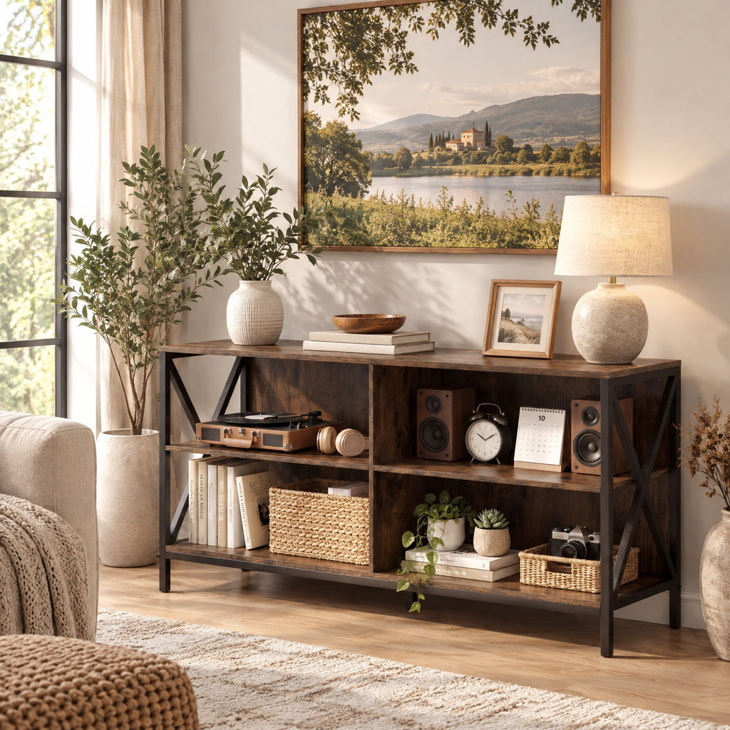 Airfind Wooden TV Stand Entertainment for TVs up to 55 Inch with X-Shaped Frame, 310 lbs Capacity, Engineered Wood MDF Metal Frame, Brown