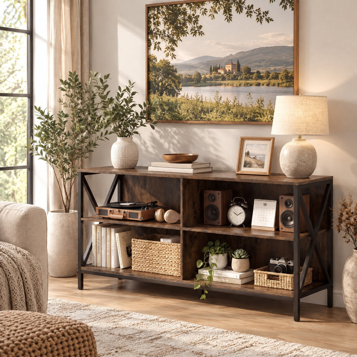 Airfind Wooden TV Stand Entertainment for TVs up to 55 Inch with X-Shaped Frame, 310 lbs Capacity, Engineered Wood MDF Metal Frame, Brown