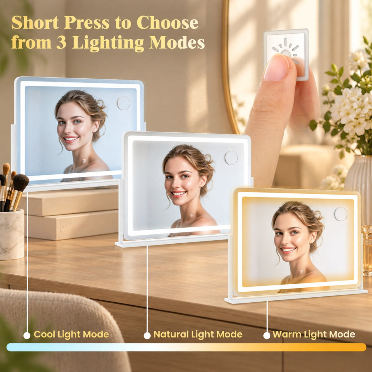 Airfind 32 x 22 Inch Large Makeup Vanity Mirror with 3-Color Lighting Mode, Copper-free Silver Mirror Aluminum Metal MDF Frame, White
