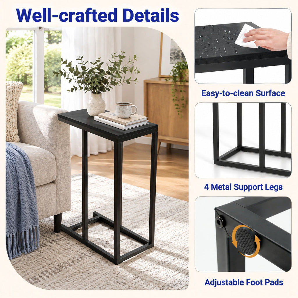AIRFIND C-Shaped Side Table with Metal Frame and Adjustable Feet, Slim Slide-Under Sofa End Table for Drinks and Small Items, 18 x 10 x 25 in