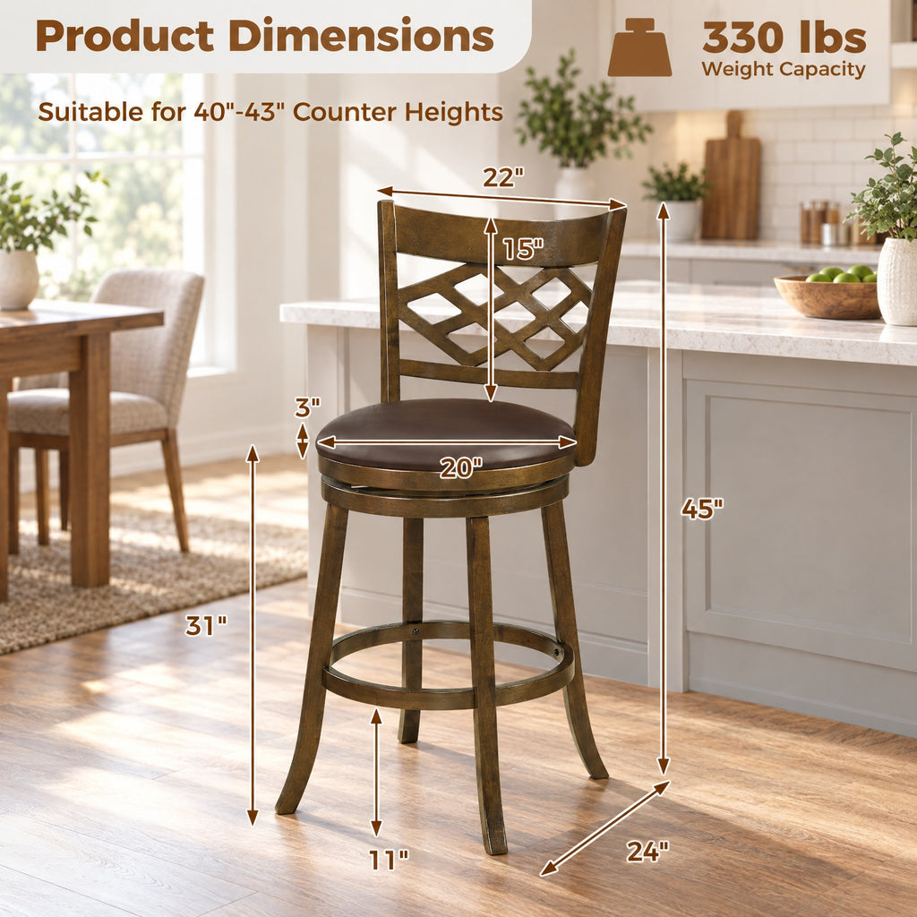 Airfind 31 Inch Counter Height Bar Stools Set of 2 with Rubber Wood Frame-31 Inch, 330 lbs Capacity, Rubber Wood PVC Leather Sponge Frame, Wood