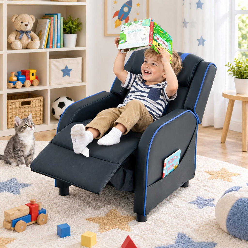 Airfind Kids Recliner Chair with Side Pockets and Footrest, 110 lbs Capacity, Sponge PU leather wood steel plastic Frame, Blue