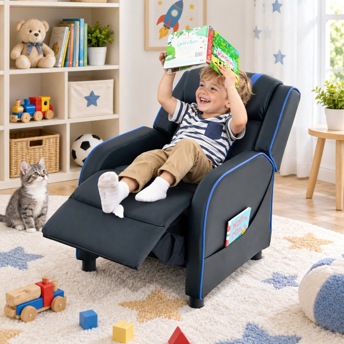 Airfind Kids Recliner Chair with Side Pockets and Footrest, 110 lbs Capacity, Sponge PU leather wood steel plastic Frame, Blue