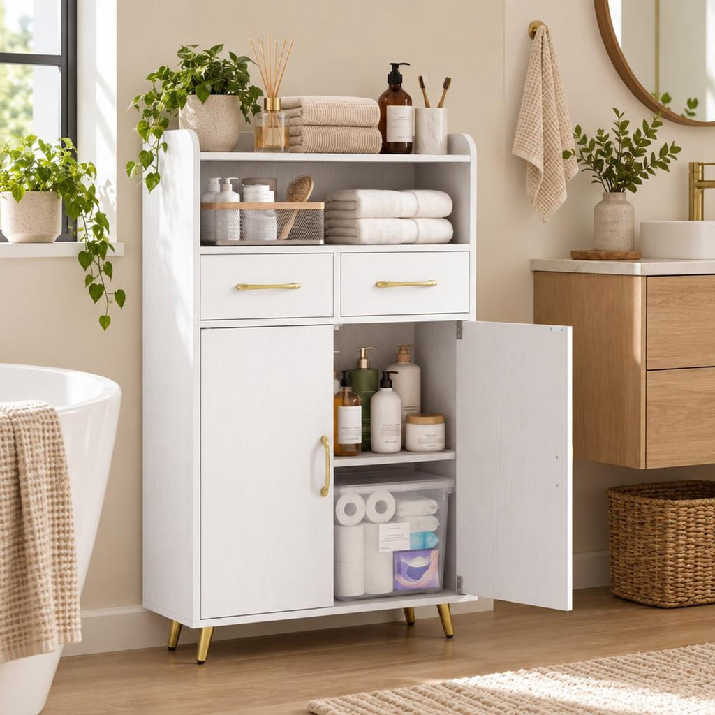 Airfind Bathroom Storage Cabinet Freestanding Floor Cabinet with 2 Drawers and 2 Doors, 44 lbs Capacity, Engineered Wood Metal Frame, White