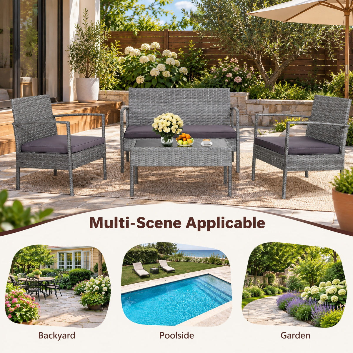 Airfind 4 Pieces Outdoor Rattan Conversation Set with Comfortable Cushion, 800 lbs Capacity, Rattan Frame, 23 Inch x 23 Inch x 28.5 Inch Footprint