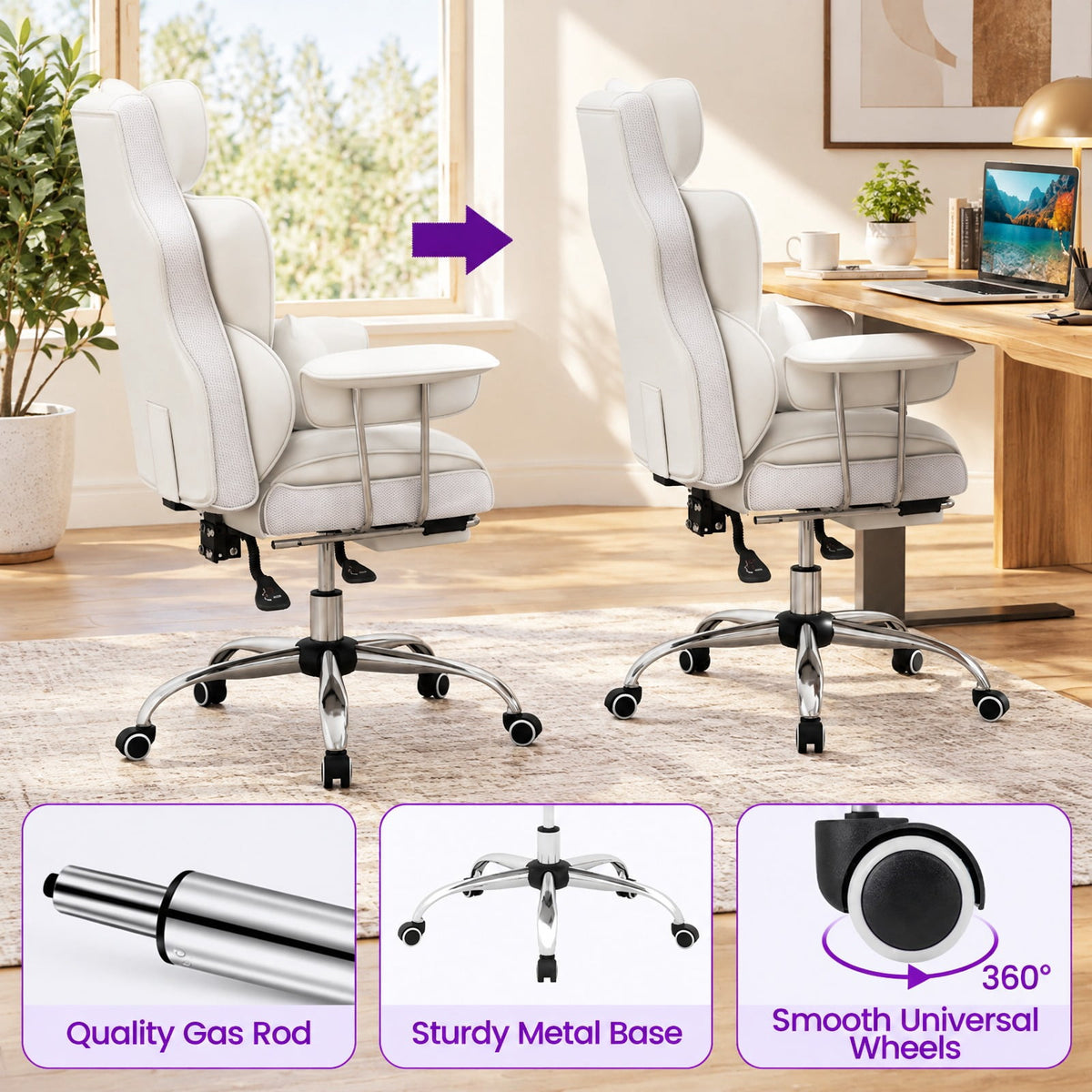Airfind PU Leather Home Office Chair 400 lbs High Back Executive Chair, 400 lbs Capacity, PU Leather Sponge Pocket Spring Plywood Metal Frame, White