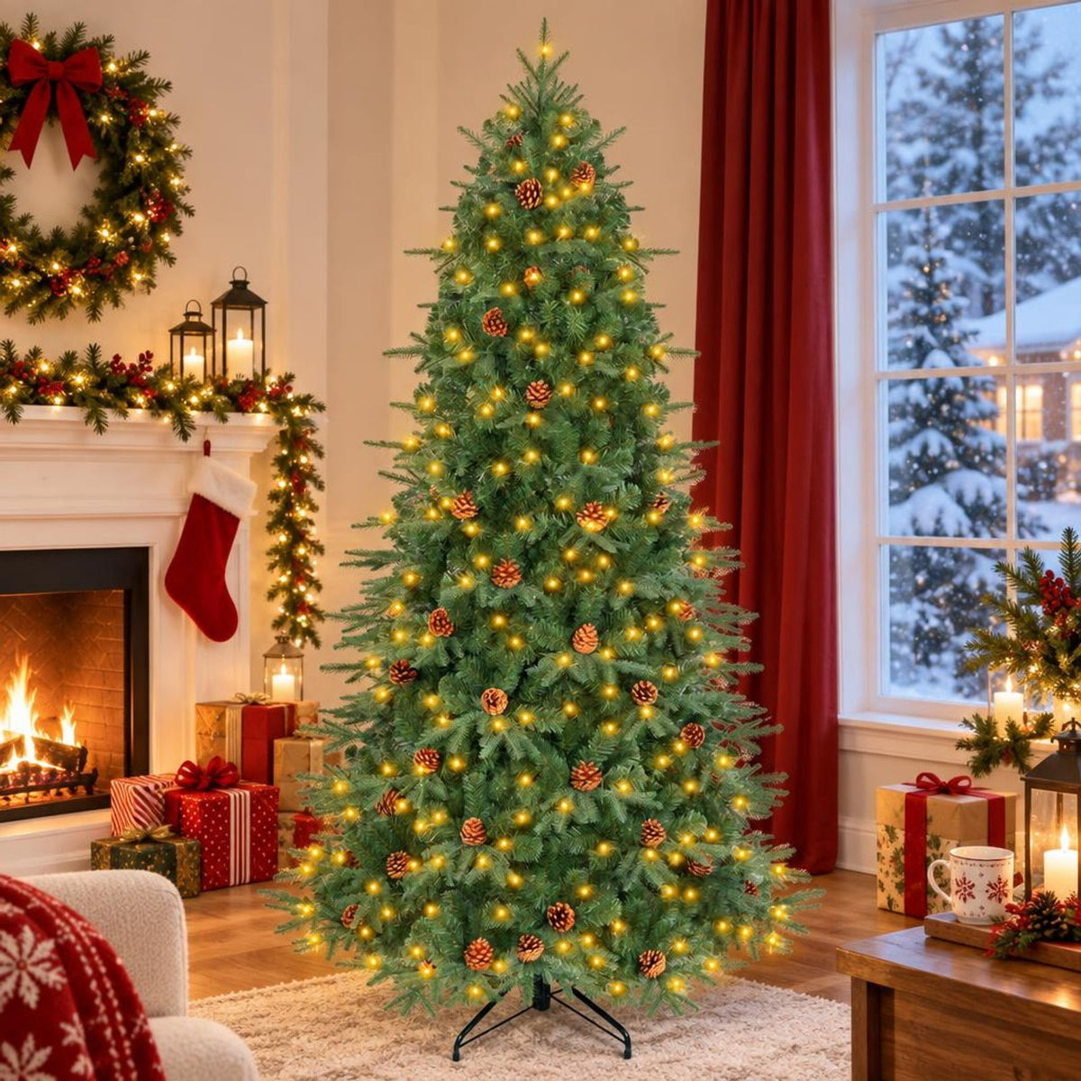 Airfind 7 ft Pre-Lit Artificial Christmas Tree with 460 Warm White LED Lights, 61 Pine Cones, 925 Branch Tips and Folding Metal Stand, Green