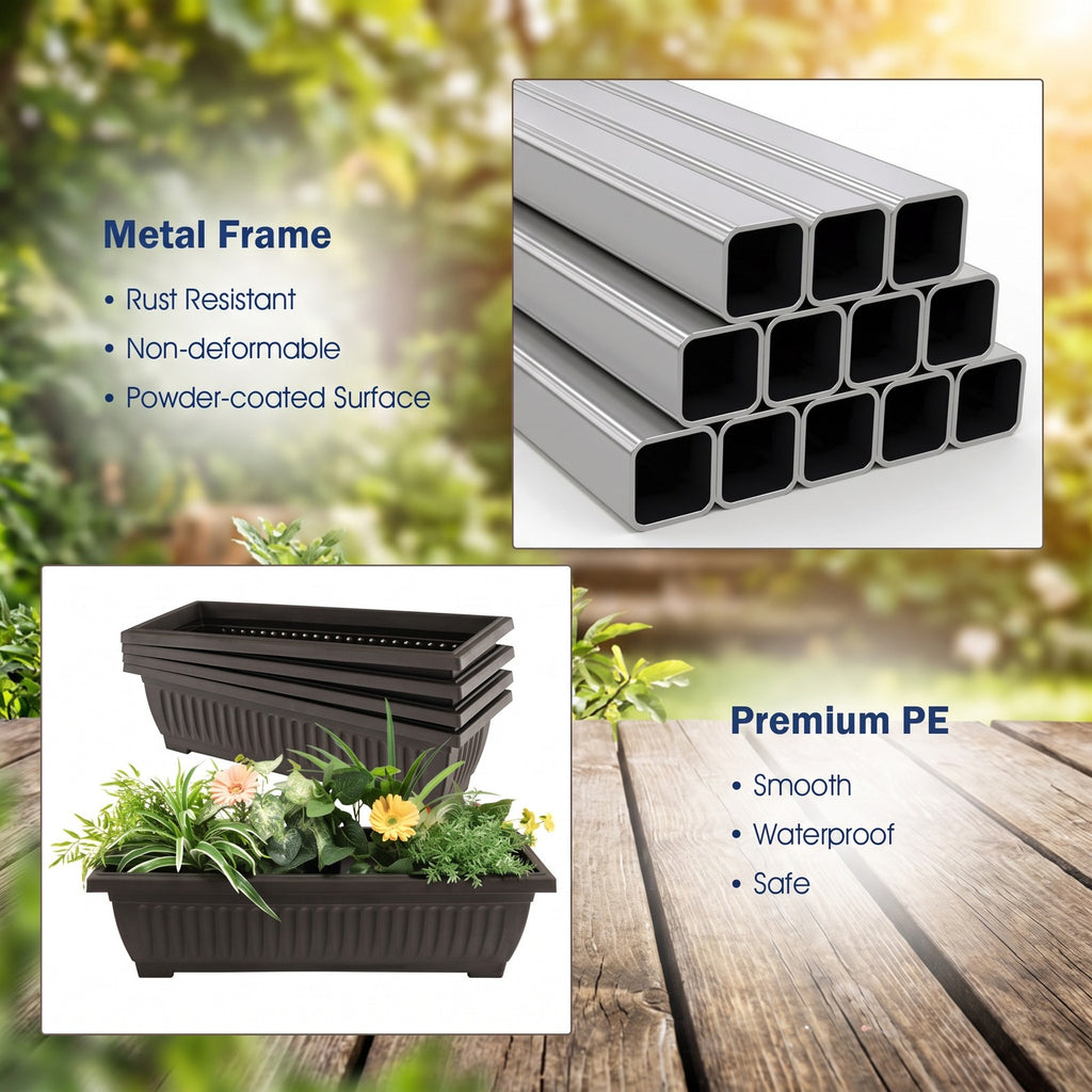 Airfind 4-Tier Vertical Raised Garden Bed with 4 Containers and Drainage Holes, Metal PE S Frame, 26 x 20.5 x 49 Single Footprint, Black+ Brown