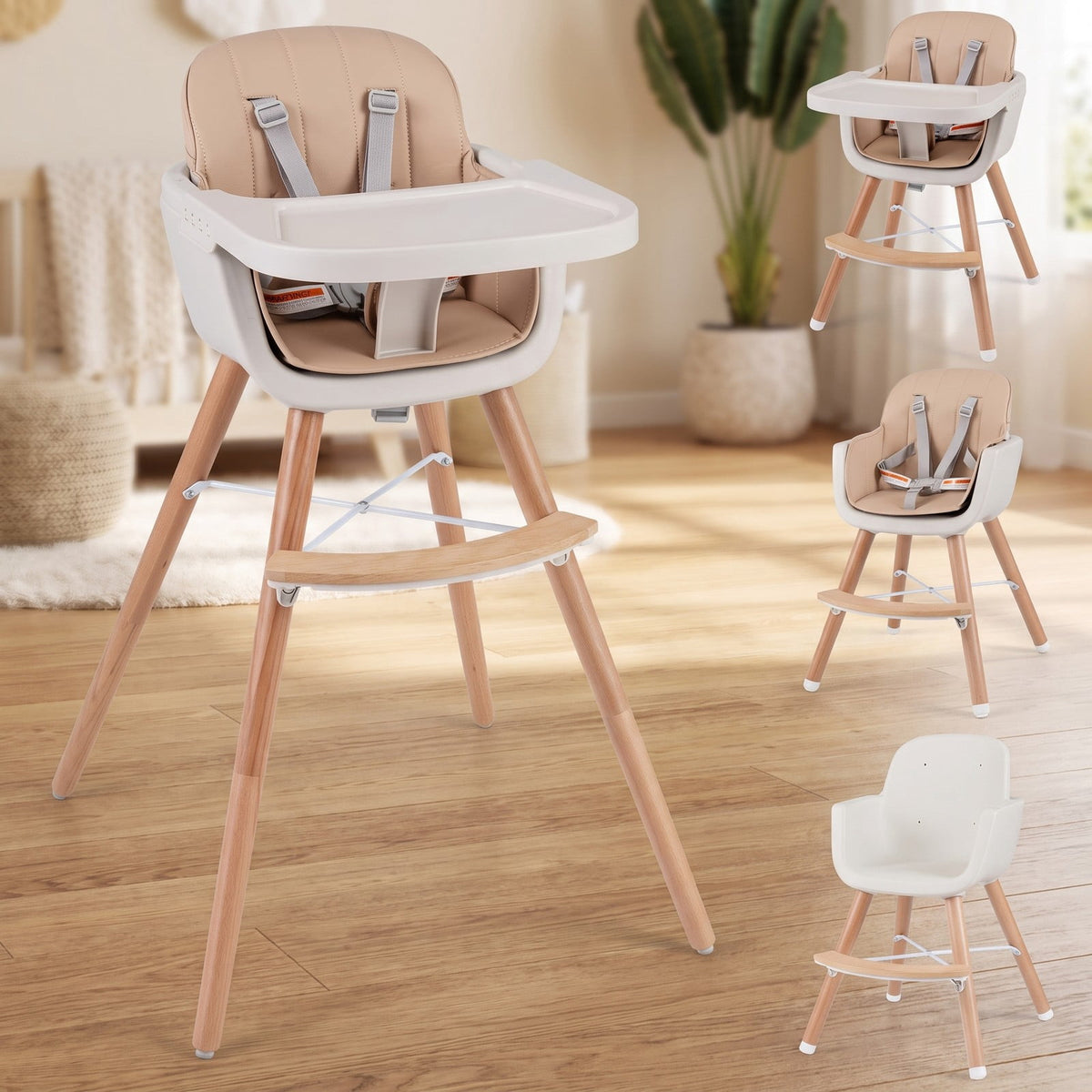Airfind 6-in-1 Convertible Wooden Highchair with Safety Harness and Adjustable Legs, 33 Lbs with Beech PP PE PU Sponge Construction, Unspecified
