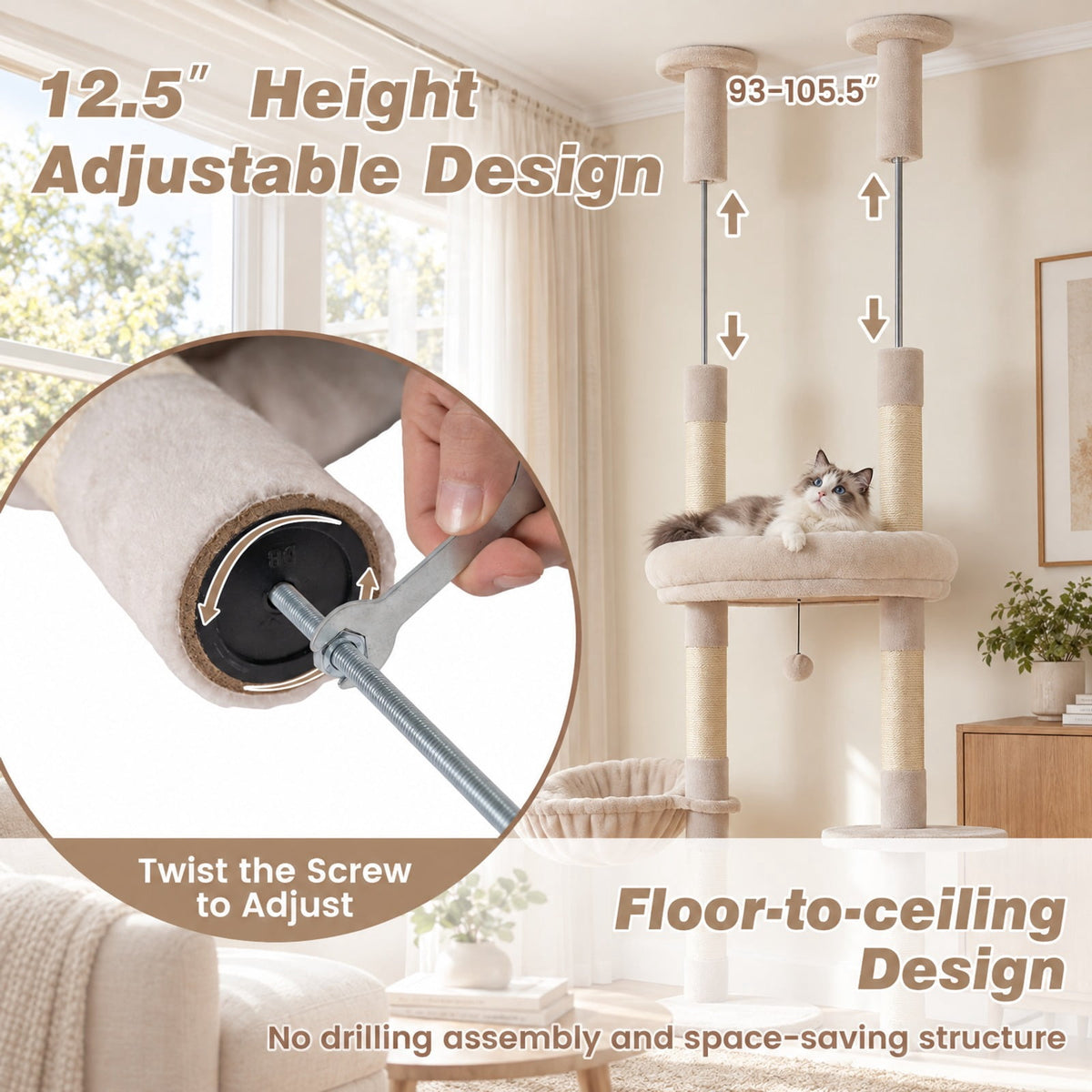Airfind 6-tier Floor to Ceiling Cat Tree with Plush Bed and Sisal Scratching Posts, 33 kg Capacity, Plywood Plush Metal Sisal Rope Frame, Beige