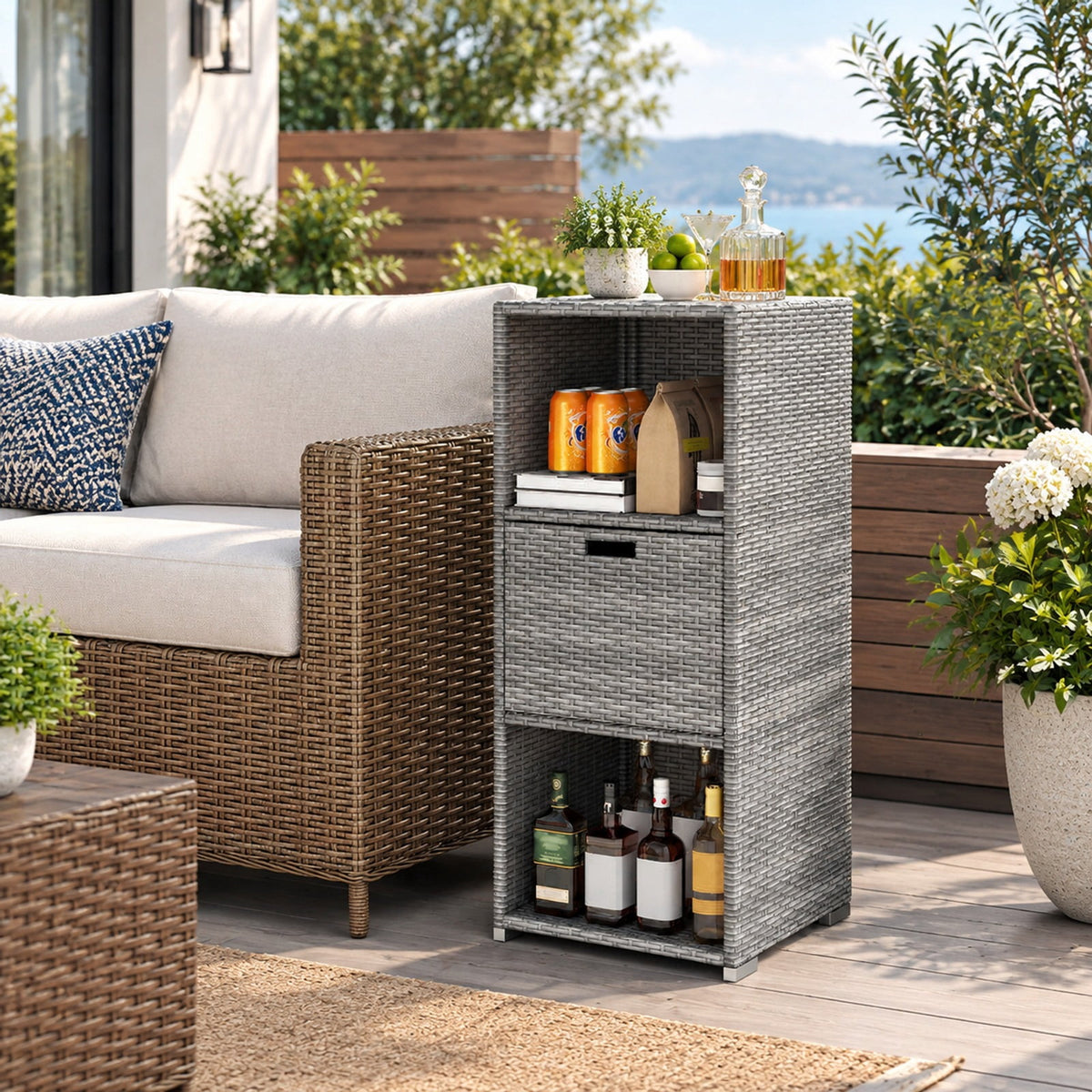 Airfind Outdoor Storage Cabinet Patio Wicker Organizer with Drawer, PE Rattan Metal Frame, 19.5 x 19.8 x 43 Footprint, Gray